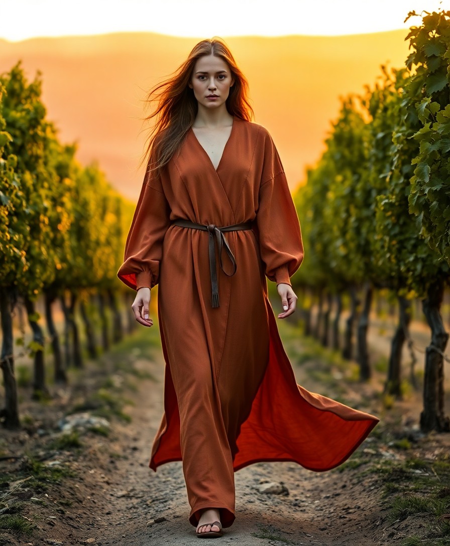Woman with long reddish-brown hair wearing a rust-colored wrap dress with tie waist and flowing sleeves, walking down a vineyard path at golden hour with green vines flanking either side.