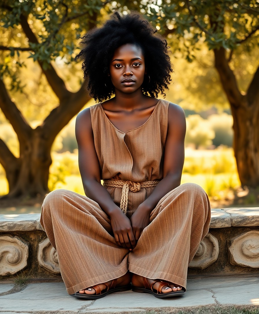 Woman with black textured hair wearing tan linen sleeveless top and matching wide-leg trousers with rope belt, seated on stone ledge beneath golden-lit trees.