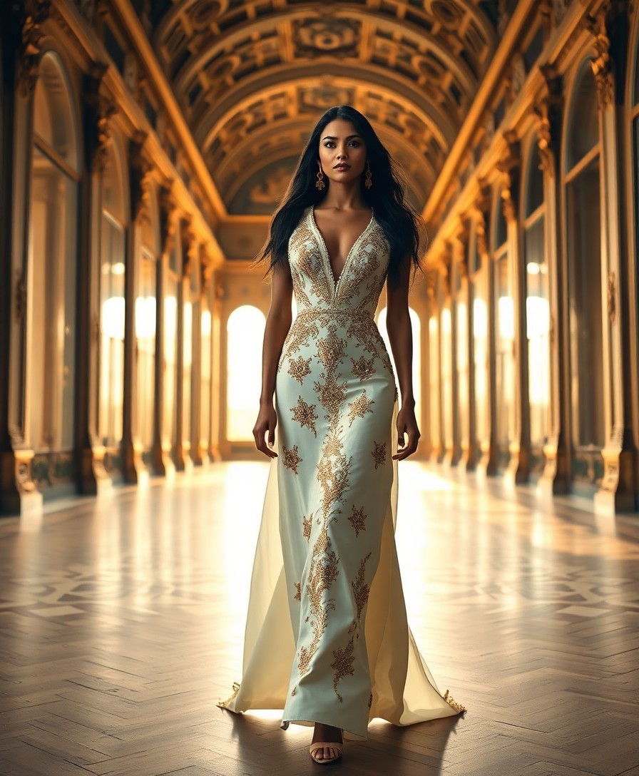 Woman with long dark hair wearing a cream silk gown with gold embroidered details and plunging neckline, standing in an ornate arched corridor with warm golden lighting.