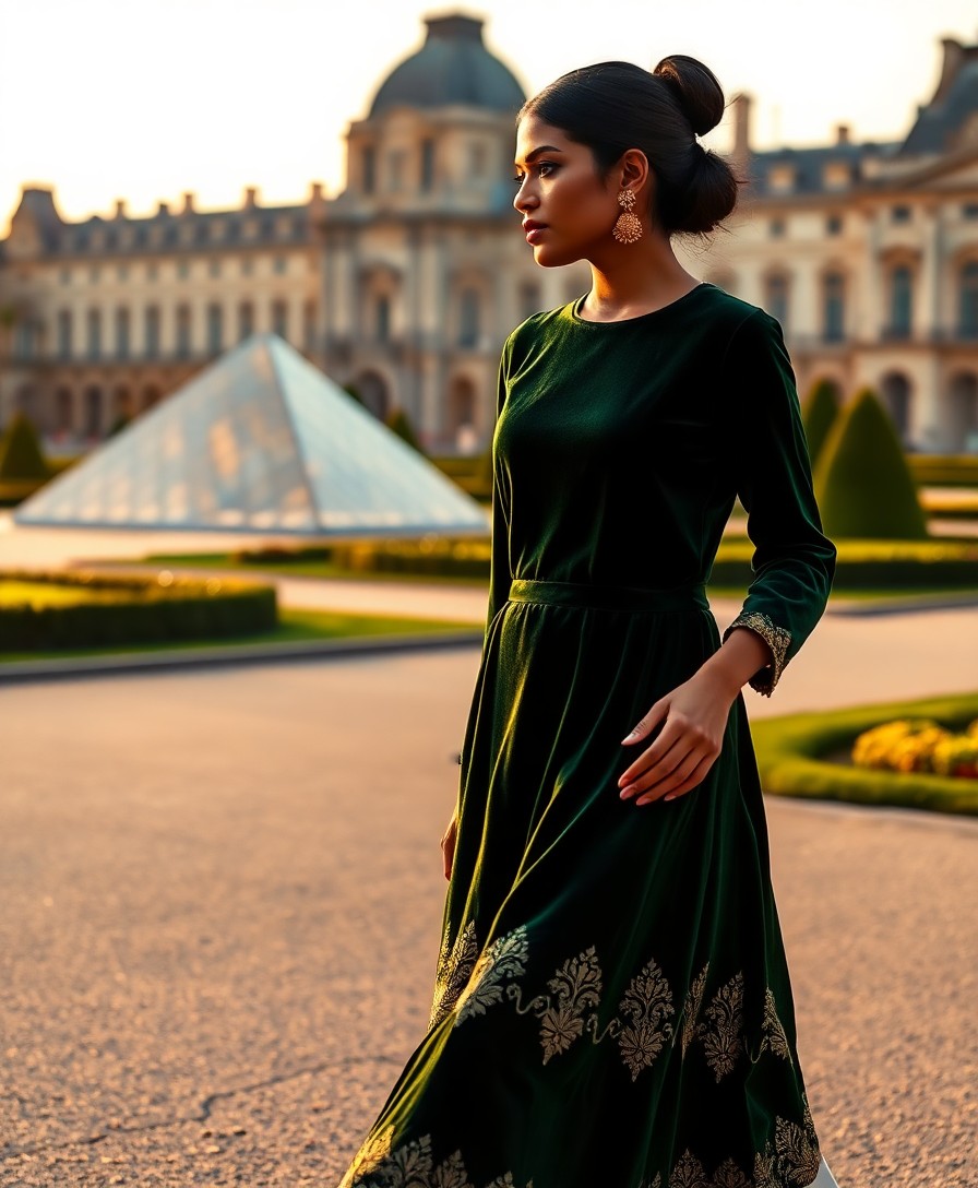 Woman wearing a dark green velvet long-sleeved dress with gold damask embroidery at the hem, standing in a formal palace courtyard during golden hour light.