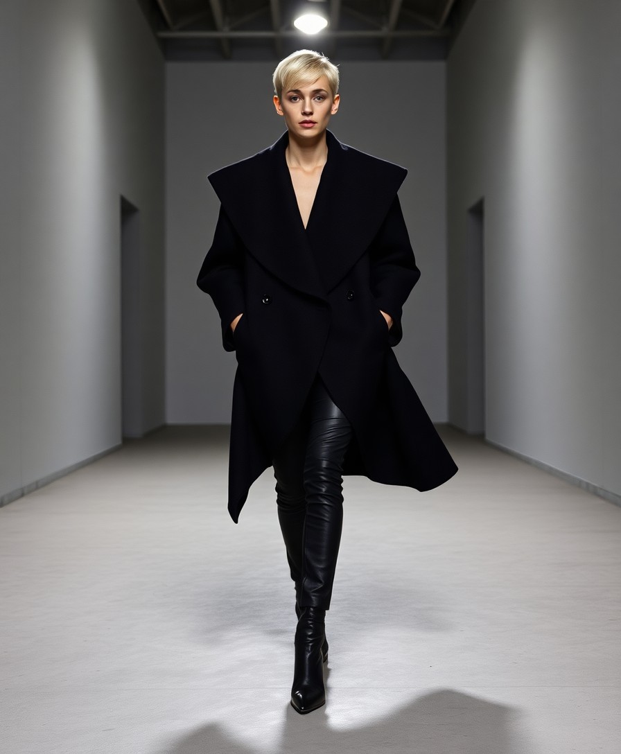 Woman with platinum blonde hair wearing an oversized black wool coat and black leather thigh-high boots in a minimalist white corridor with overhead lighting.