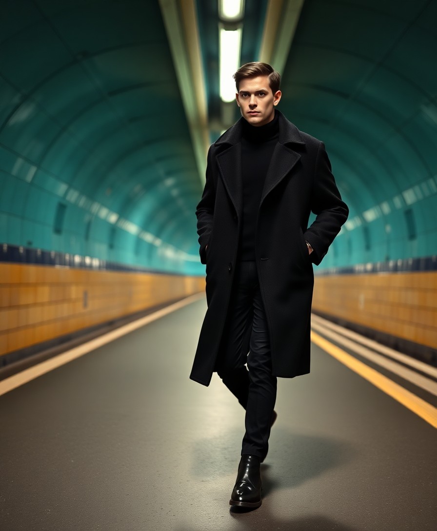 Man with dark hair wearing a black wool coat and turtleneck over black trousers and boots, walking through a modern tunnel with turquoise lighting and yellow safety lines.