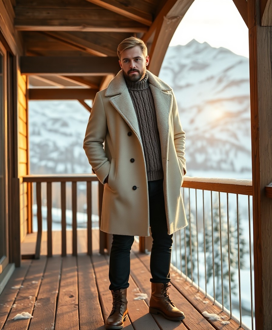 Man with blonde hair and beard wearing cream wool coat, charcoal cable-knit sweater, and black trousers on wooden mountain lodge balcony overlooking snowy peaks at golden hour.