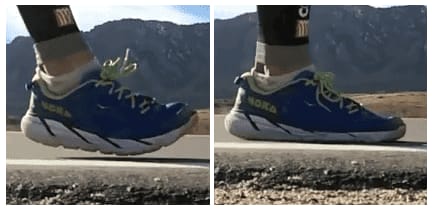 Side view of a cushioned running shoe before and after landing, with the sole compressing under load