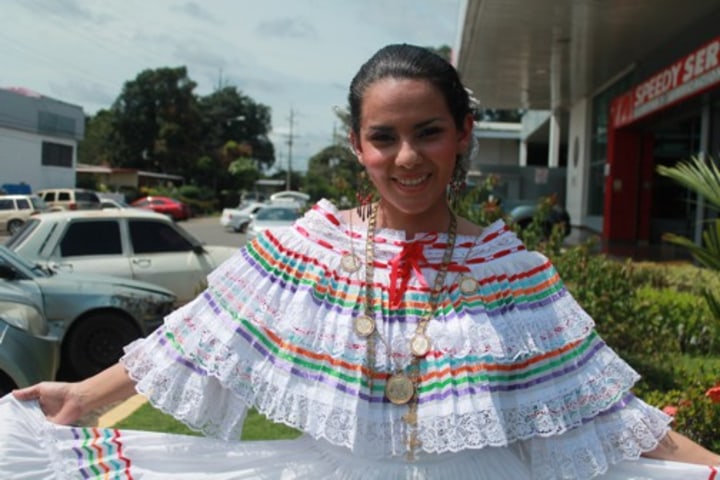 Woman in colorful dress