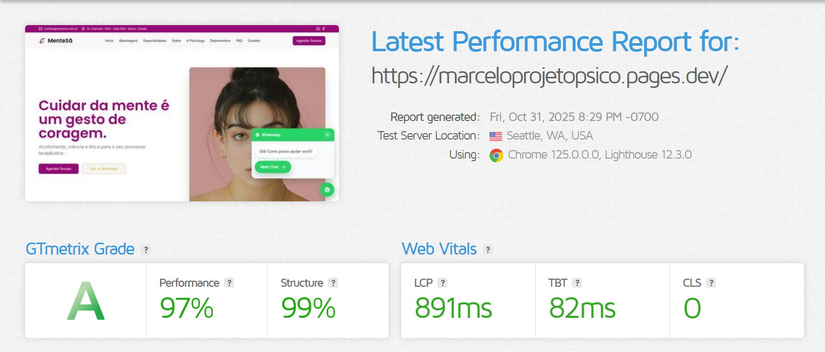 Relatório de performance do site de advocacia