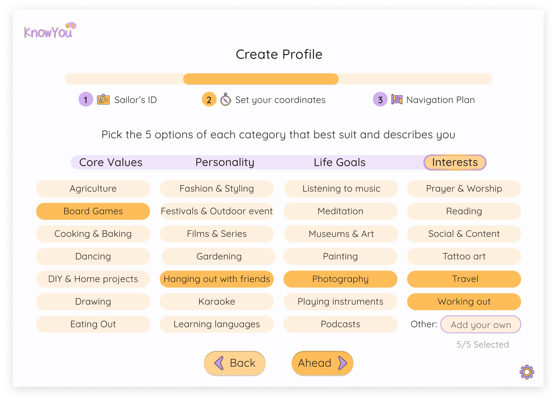 Create Profile: Set your coordinates - Interests