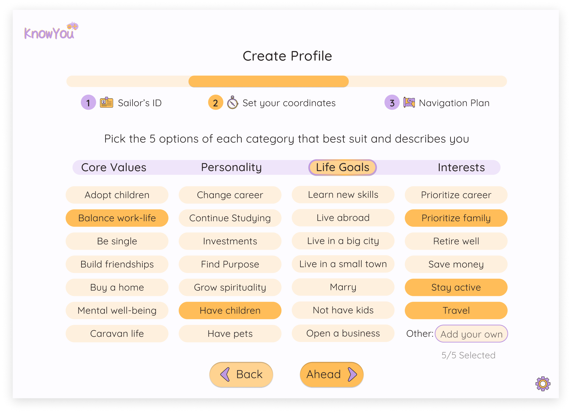Create Profile: Set your coordinates - Life Goals