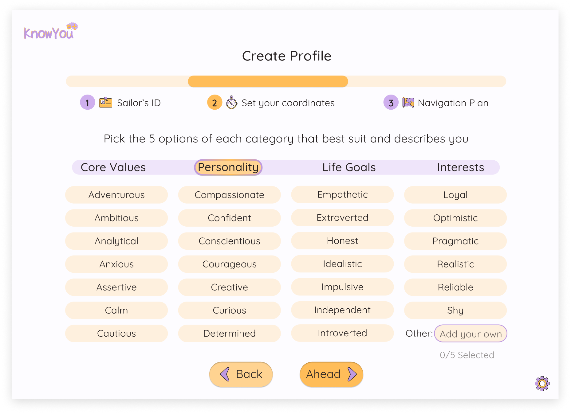 Create Profile: Set your coordinates - Personality
