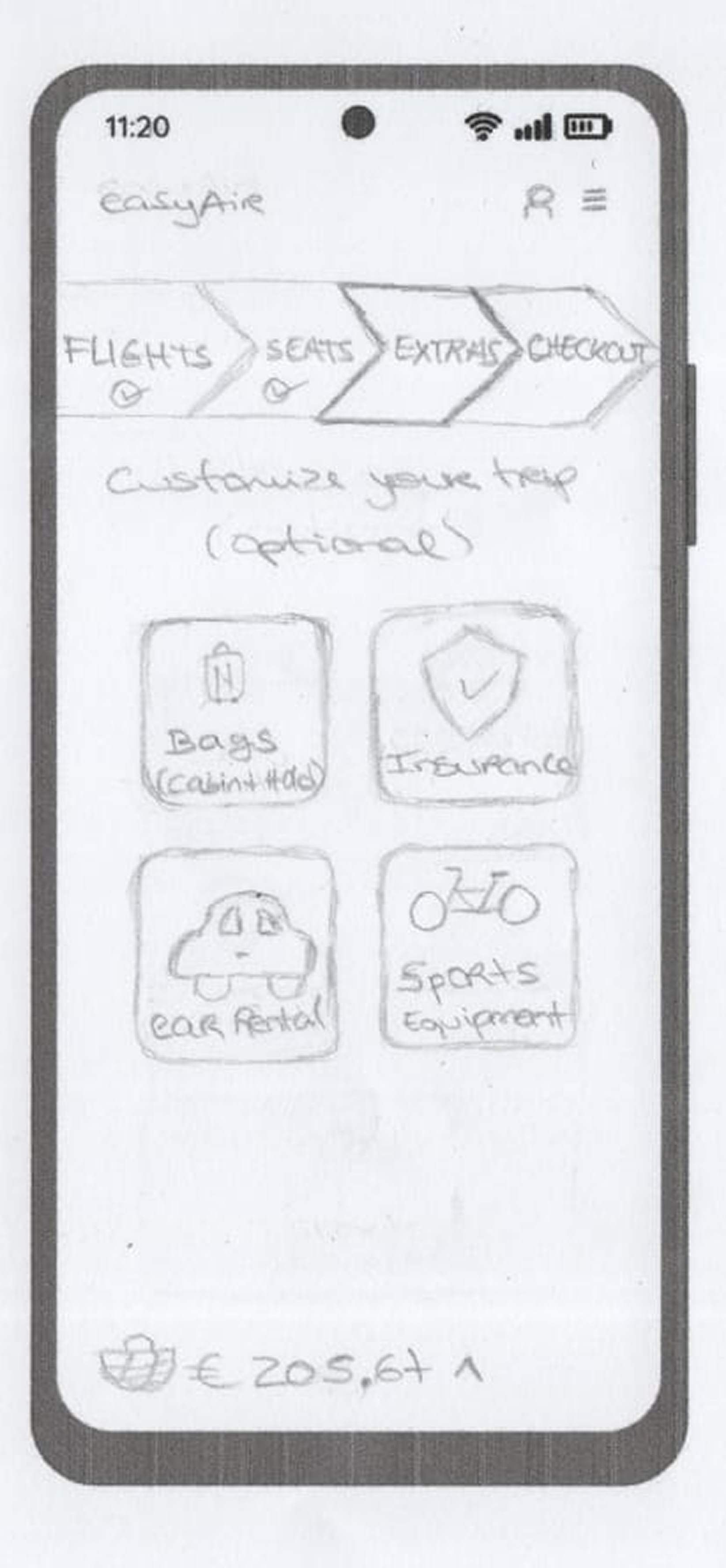 Choose extras wireframe