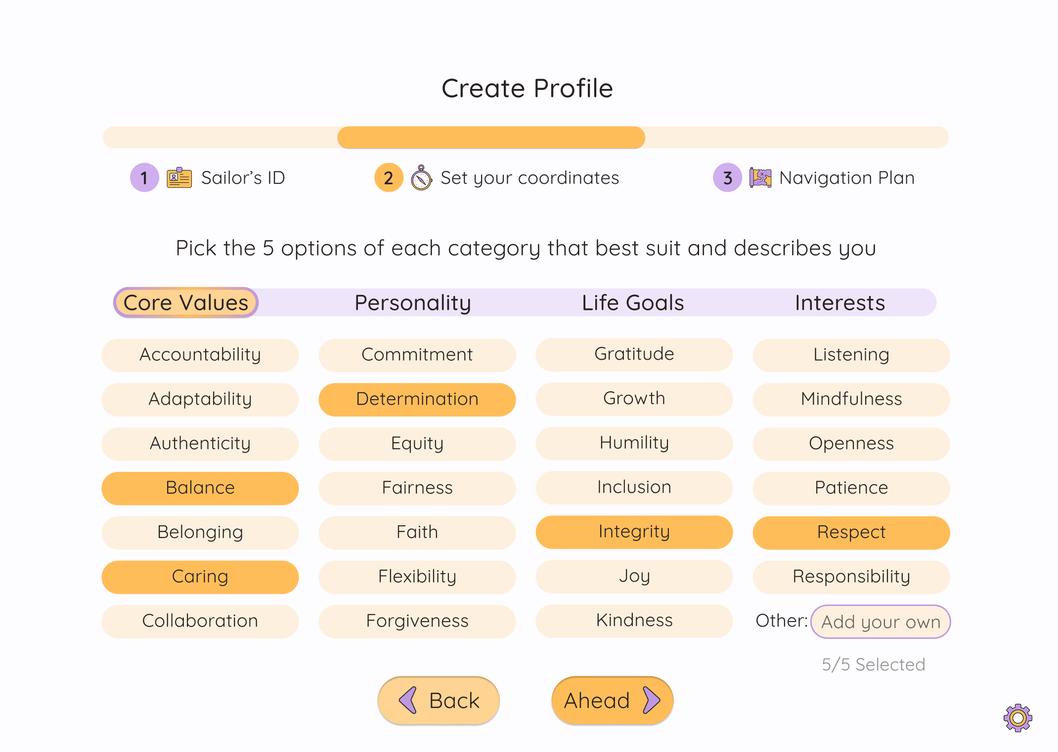 After, profile setup without Energy and Vibe category