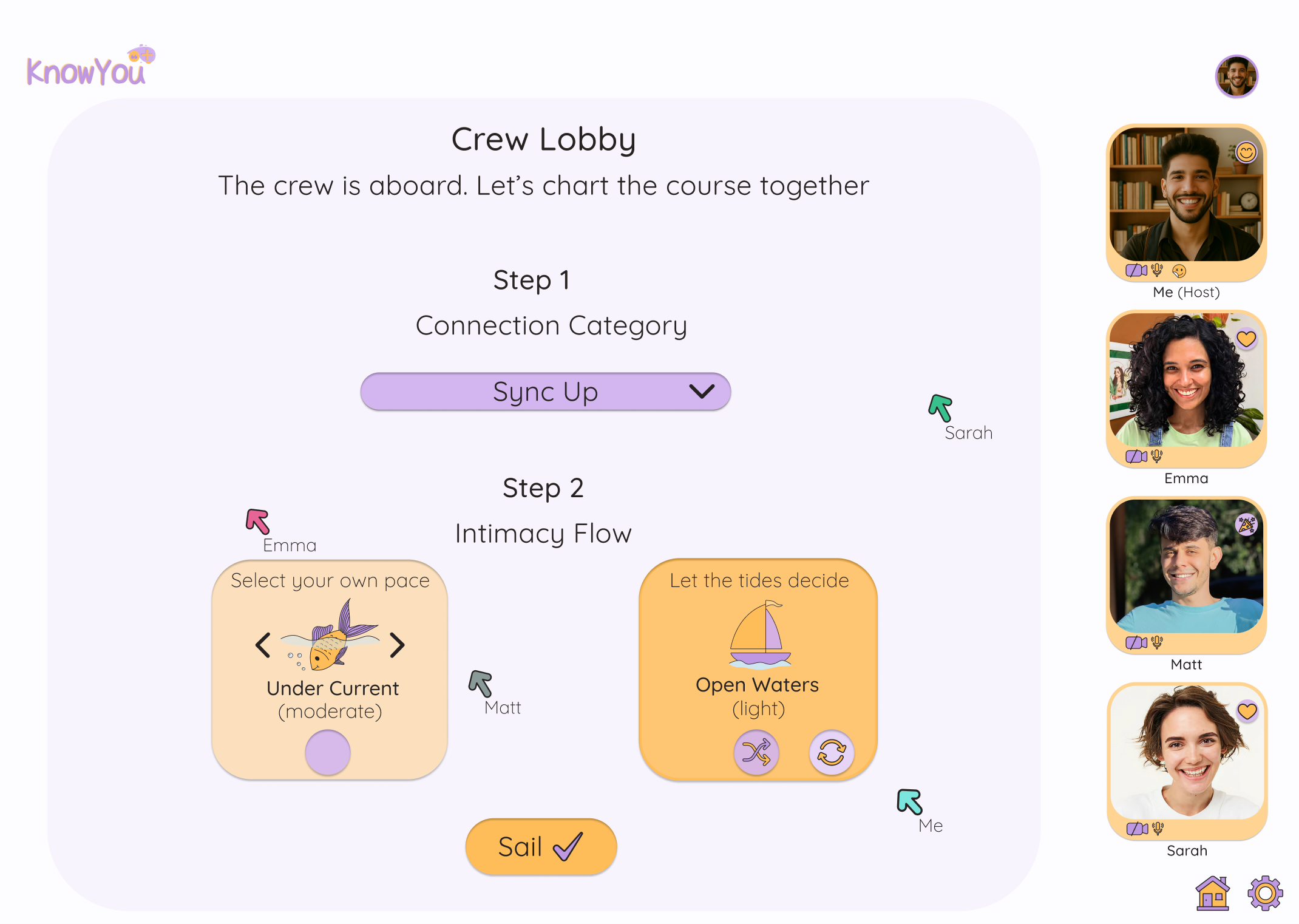 Before, lobby flow screen with camera flow, confirmation dots, and random pick intimacy option