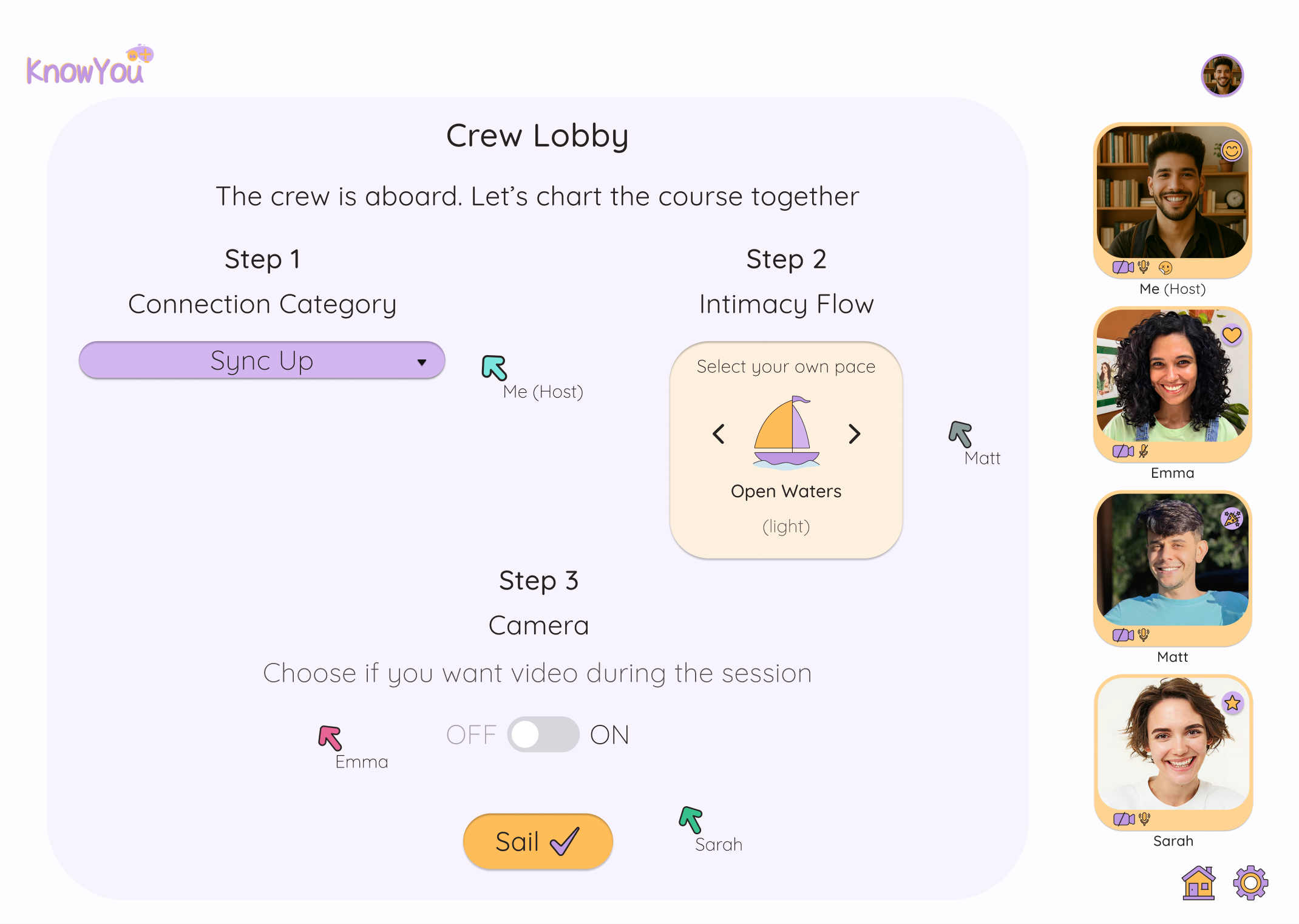 After, lobby flow screen with camera choice, without confirmation dots, and without random pick intimacy option