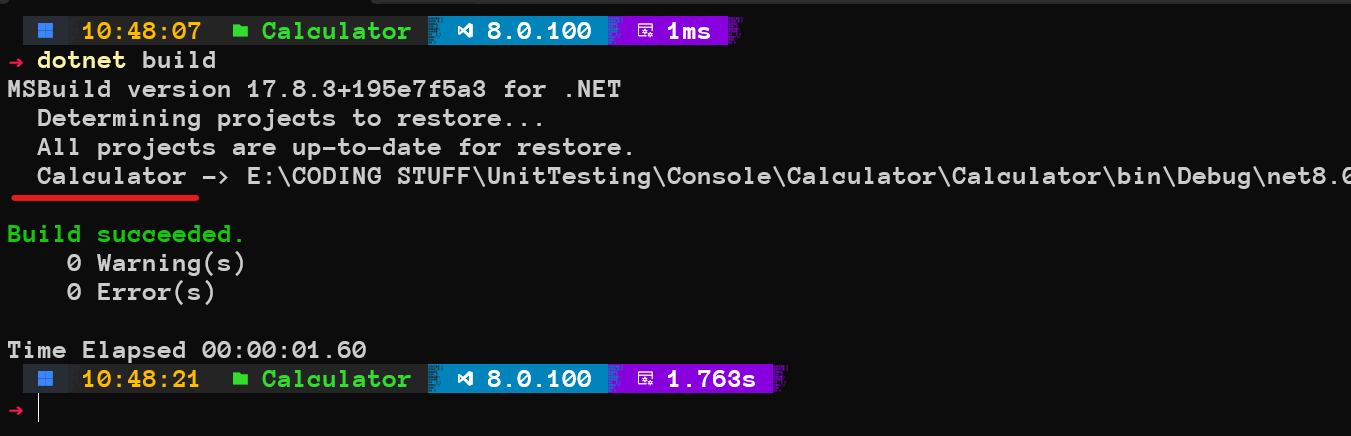 Dotnet build command result