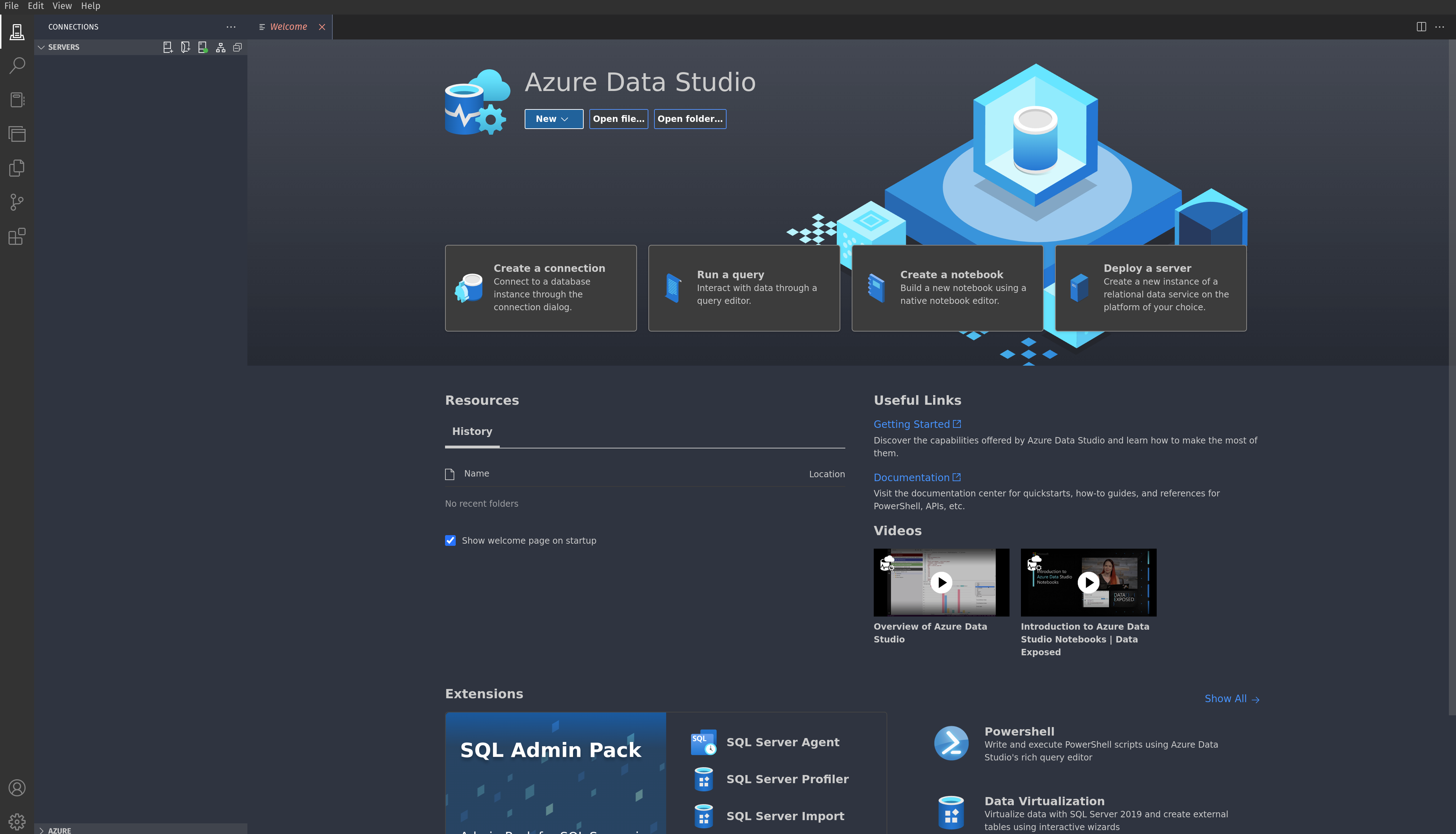 azure data studio welcome window