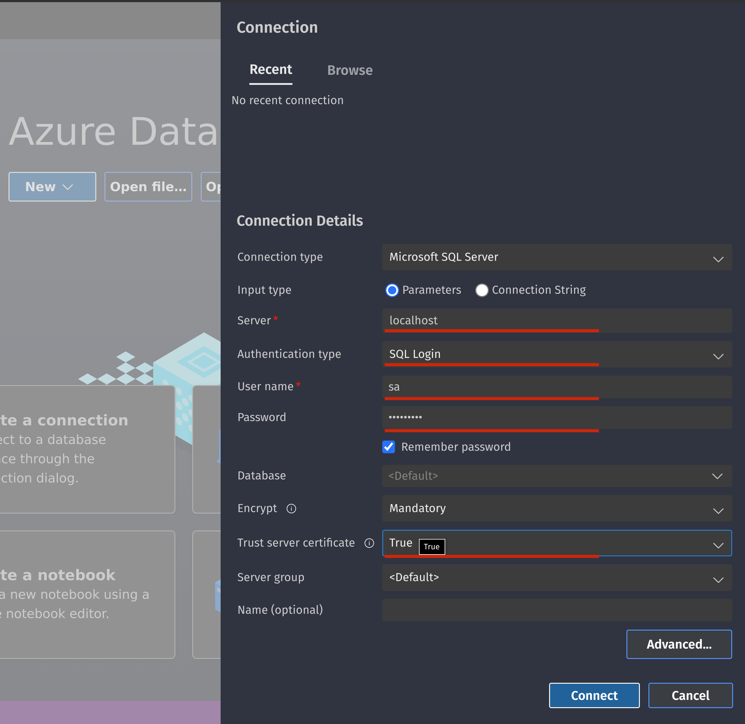 adding new connection to azure data studio