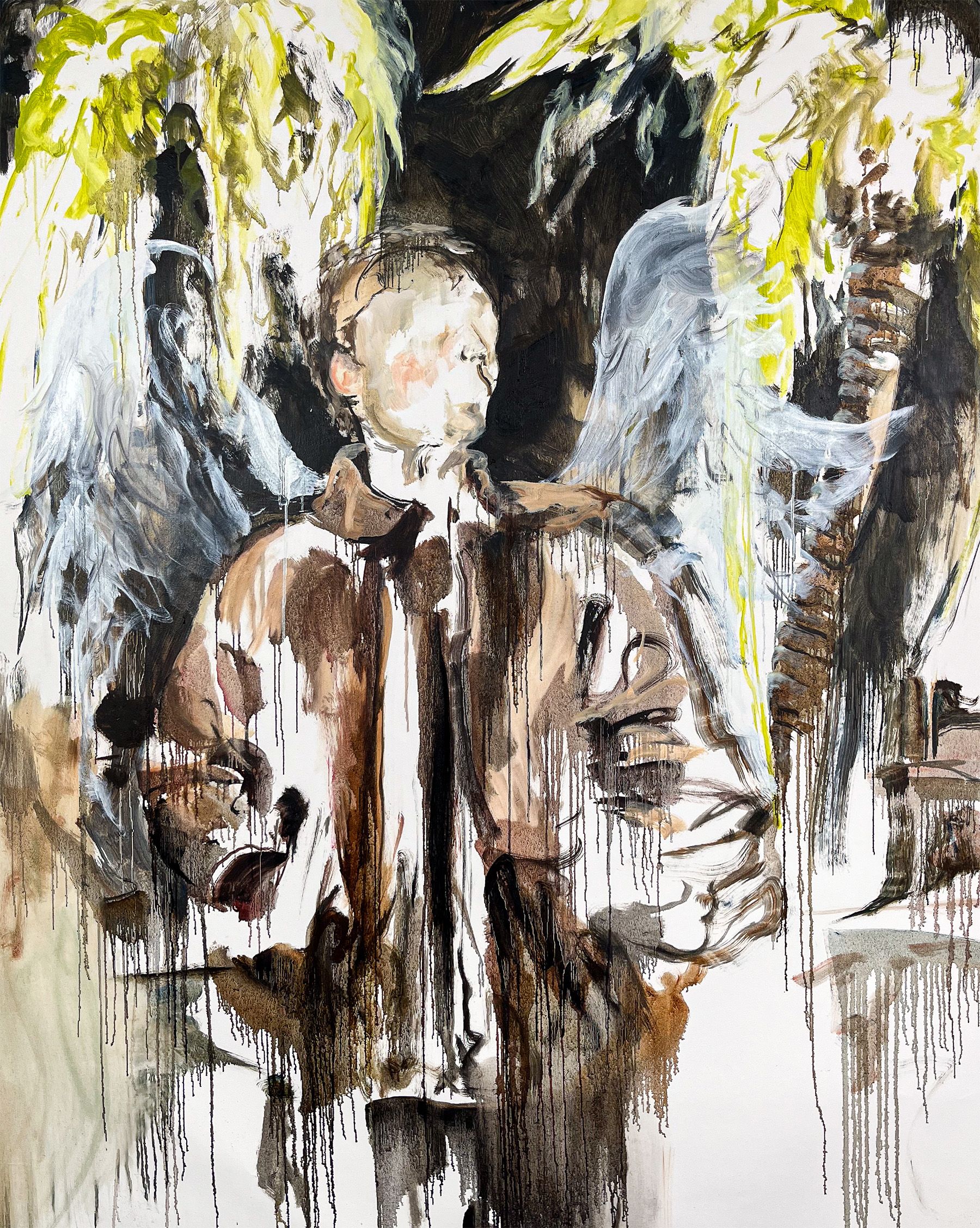 Portrayed is the Artist Simon Kubik Himself in a tristesse looking night shot underneath palmtrees in Los Angeles. He wears wings as reference to the city of angels. 