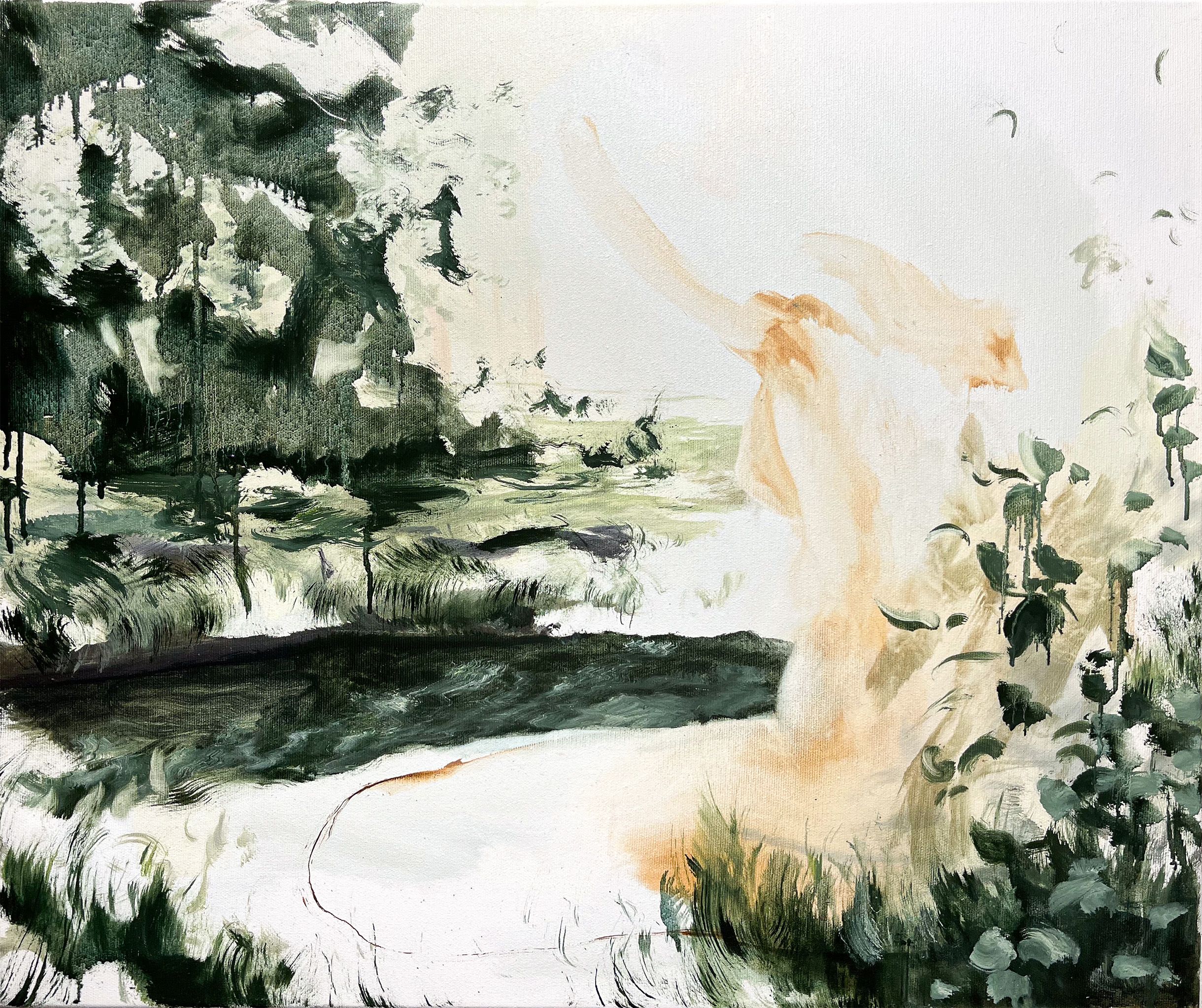 A woman seating in the grass, views from behind. She seems very calm as a female bather in-between shadowy plants. 