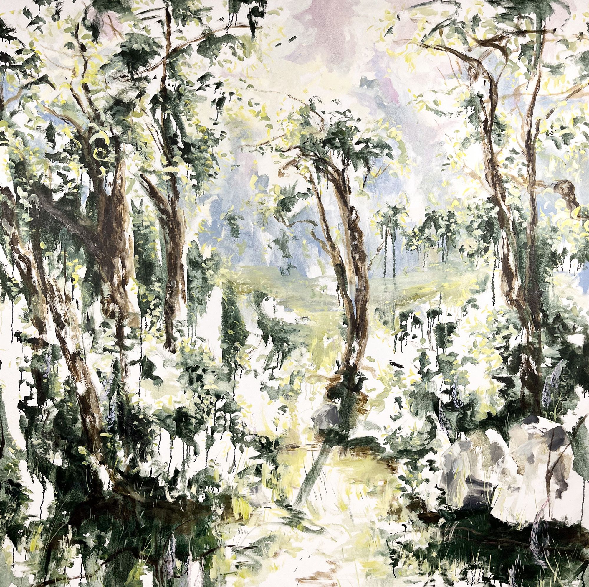 A quiet scene, in-between dense vegetation the light is shaped.