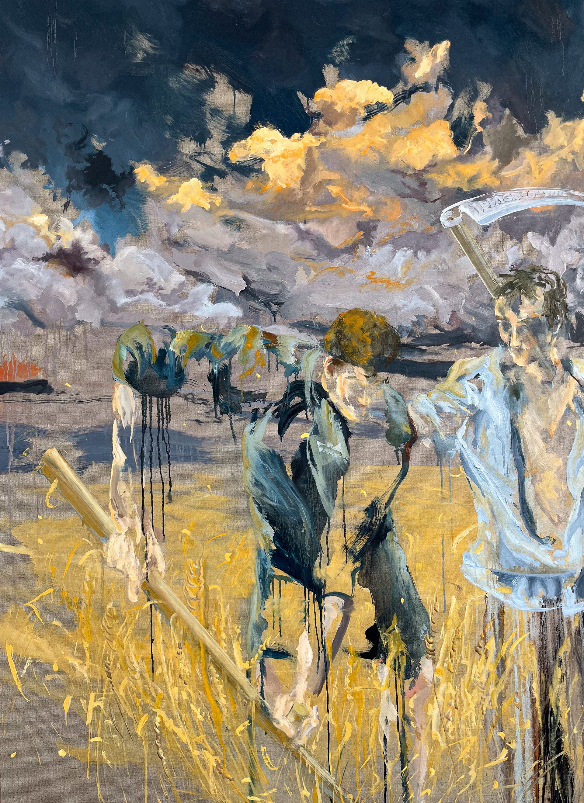 The Sensenmänner (German for reaper) are working on a field, one of them is trying to convince the other to stop working, a storm arises. 