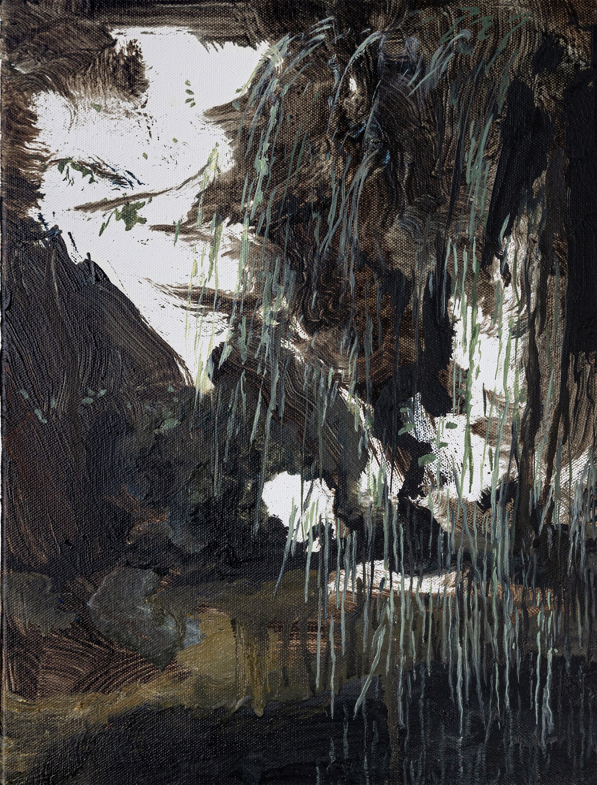 A dark but calming painting of a weeping willow. 