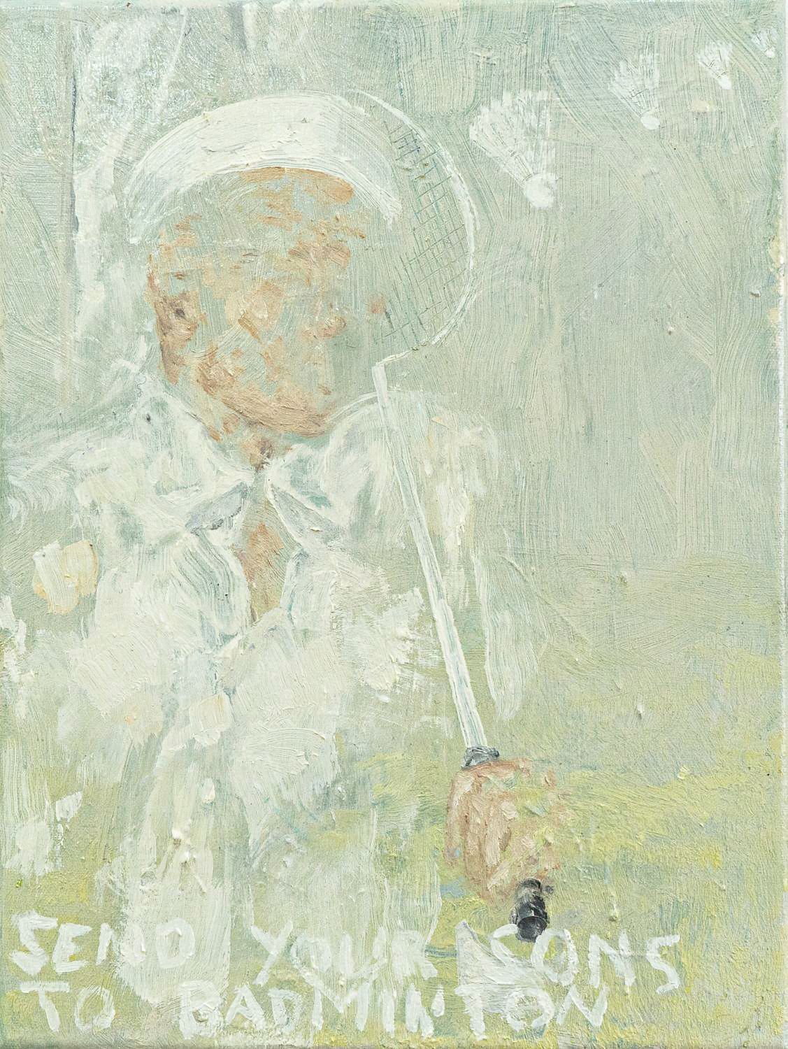 A military posed guy holding a badminton bat. 