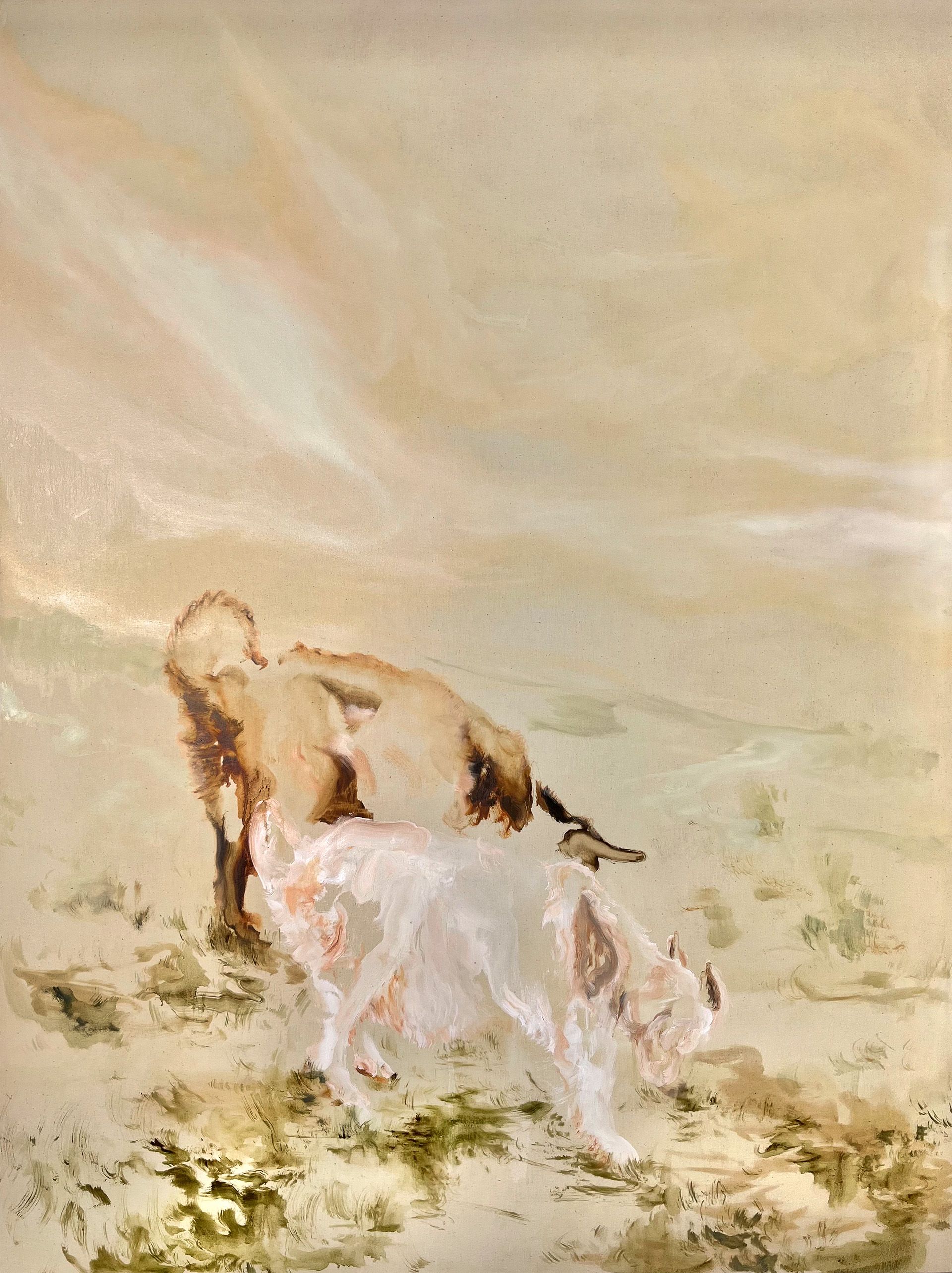 Two lambs on a moody mountain.