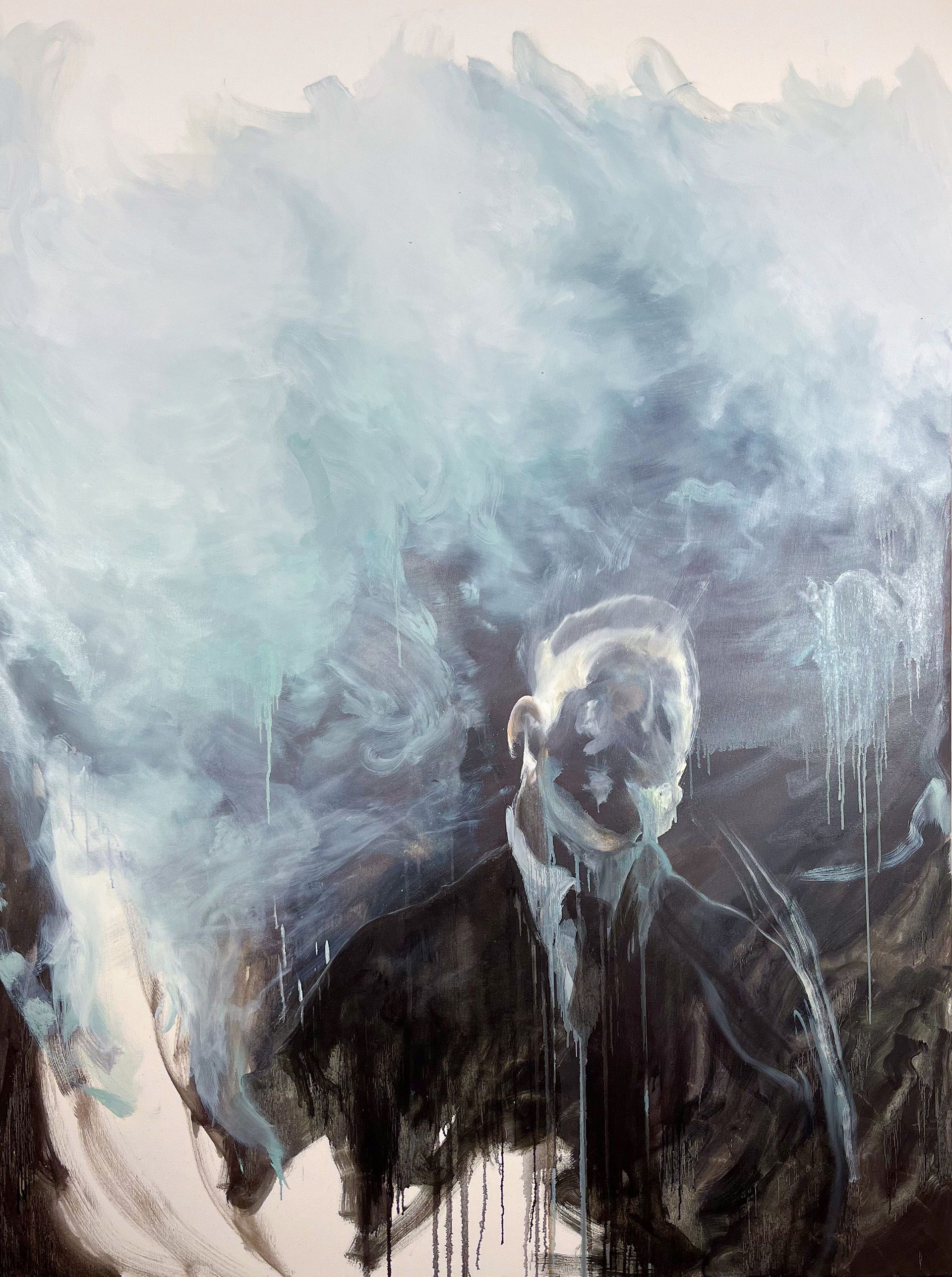 A pure man, transparent and weak, in a cloud of smoke.