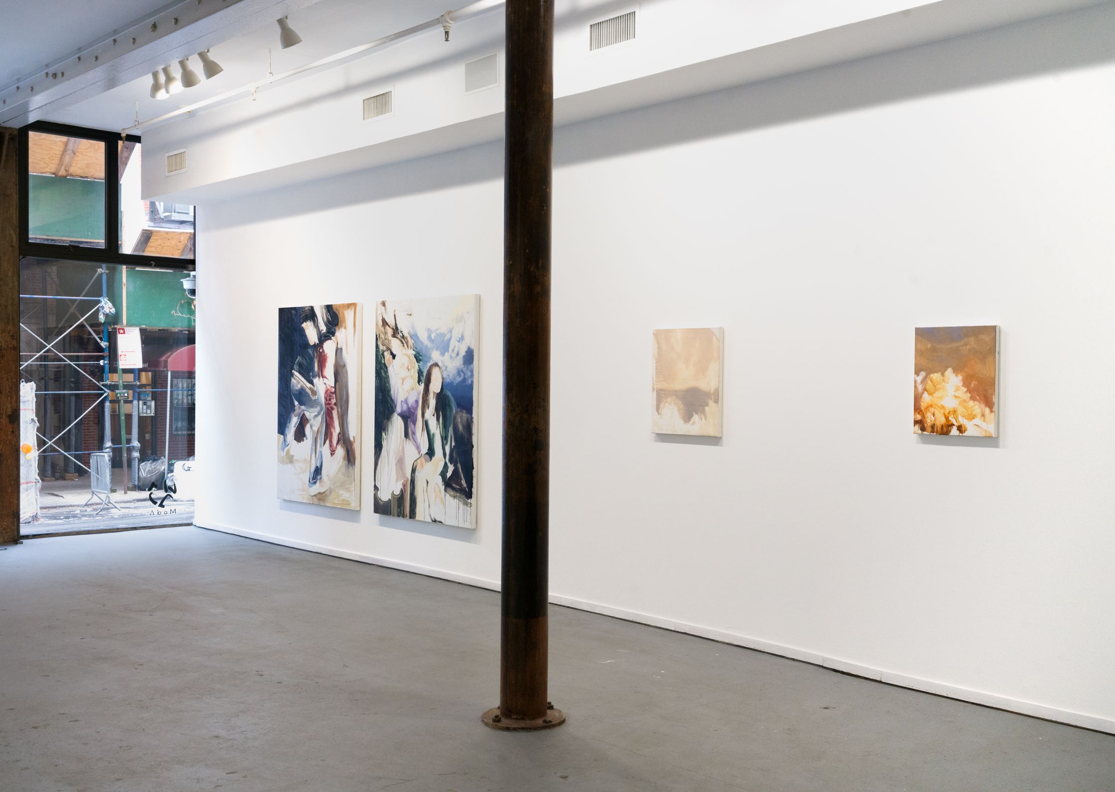 Works on the right wall of the mailroom, the juxtapositions of the friends and the exes. two small light paintings