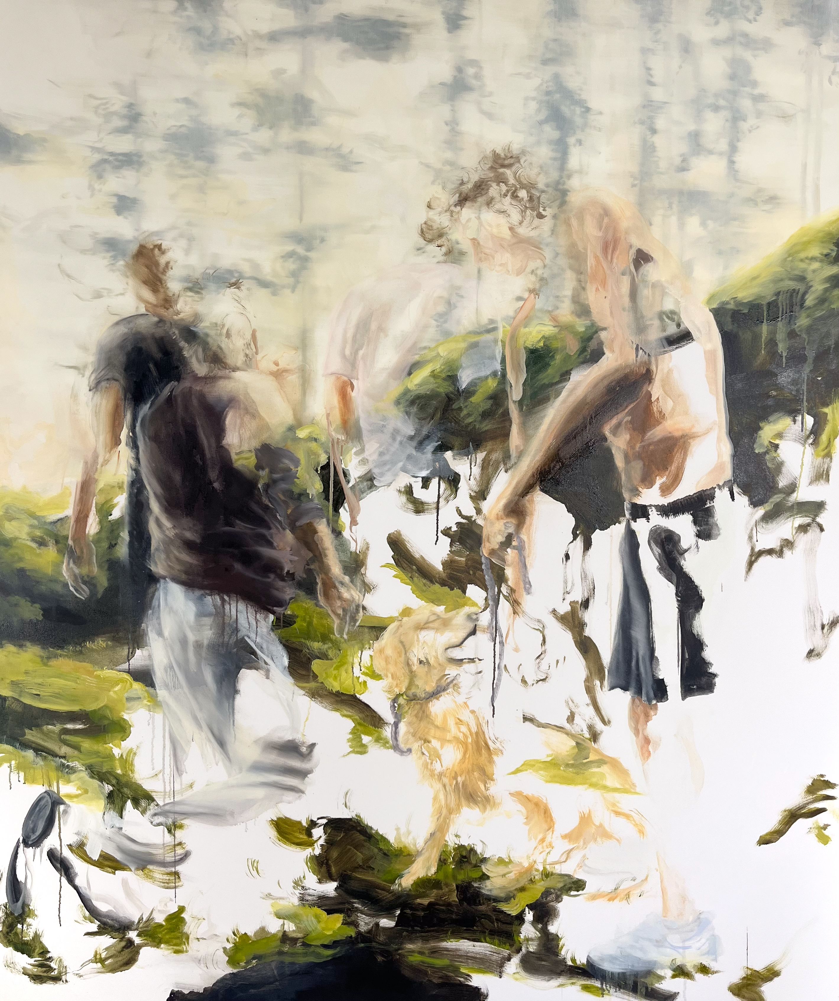 4 guys and a dog in front of a lightly depicted forrest. semi abstract painting. 