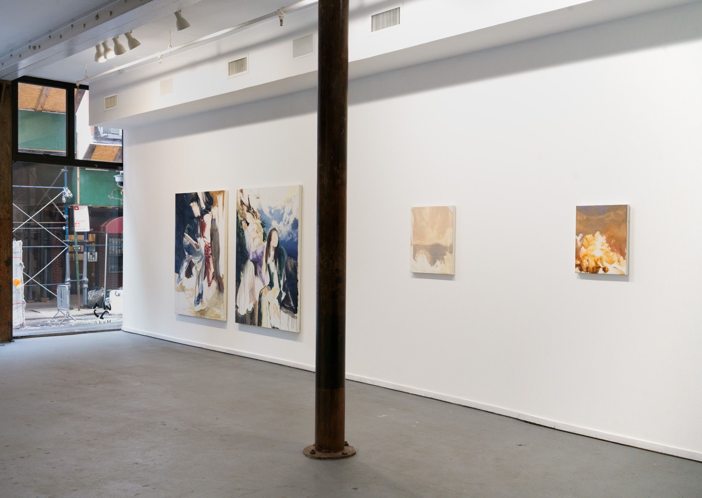 Works on the right wall of the mailroom, the juxtapositions of the friends and the exes. two small light paintings