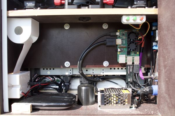 electronics compartment with printer, raspberry pi, power supply, screeen