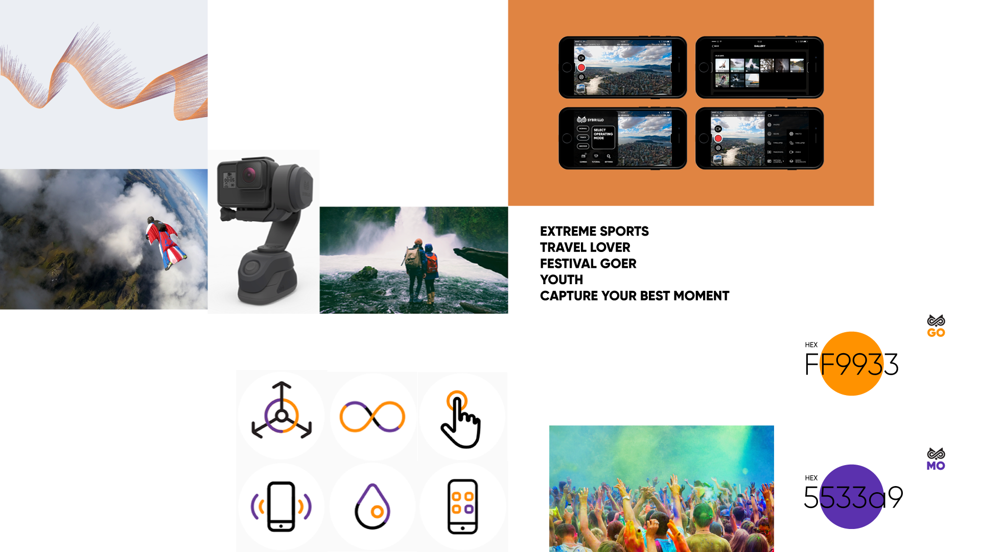 Sybrillo research - extreme sports, stabilizer hardware, app UI, color system