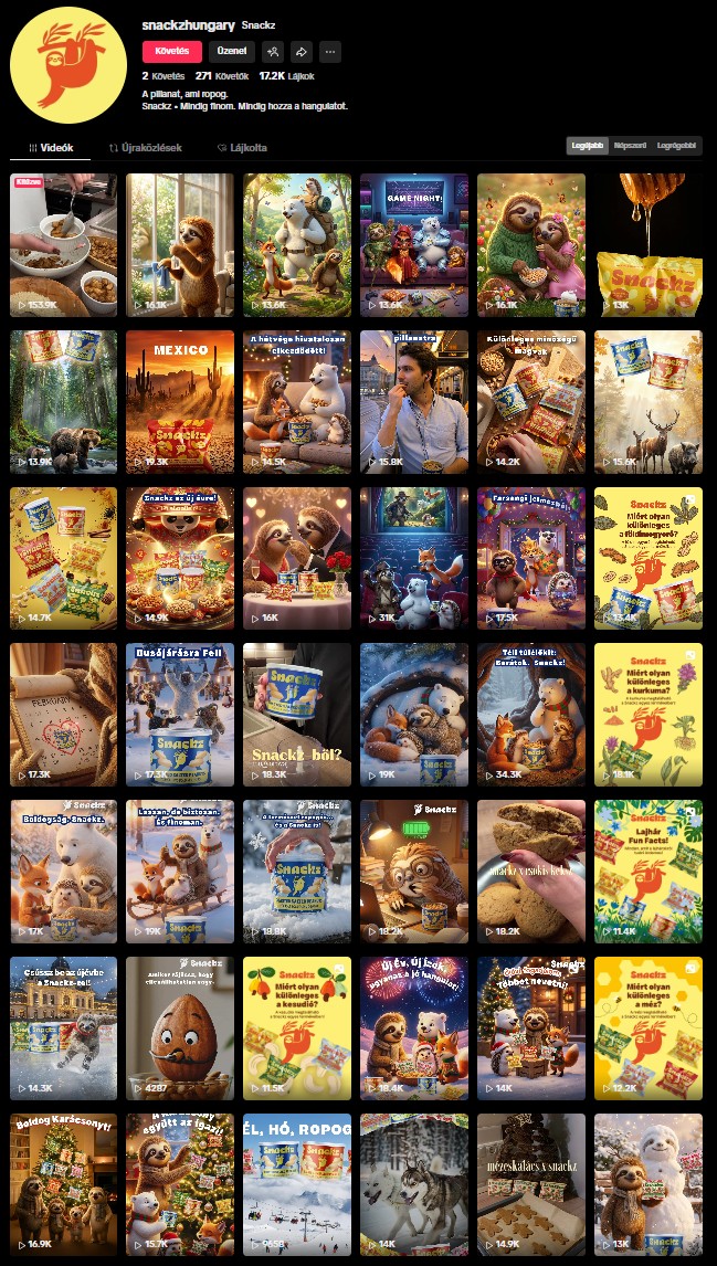 Snackz TikTok content volume - dozens of posts maintaining brand consistency