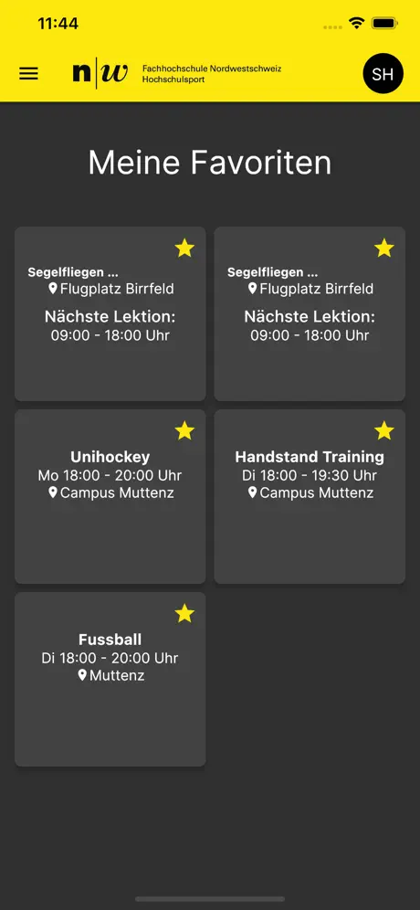 Hochschulsport App Favoriten Mobile