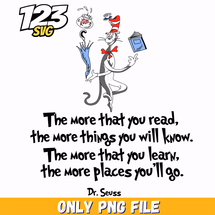 the more you read the more you know dr seuss png, dr seuss characters png, oh the places you'll go png