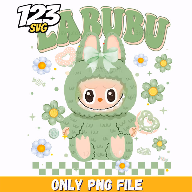 green floral labubu png, green labubu flowers design png, labubu green flowers design png