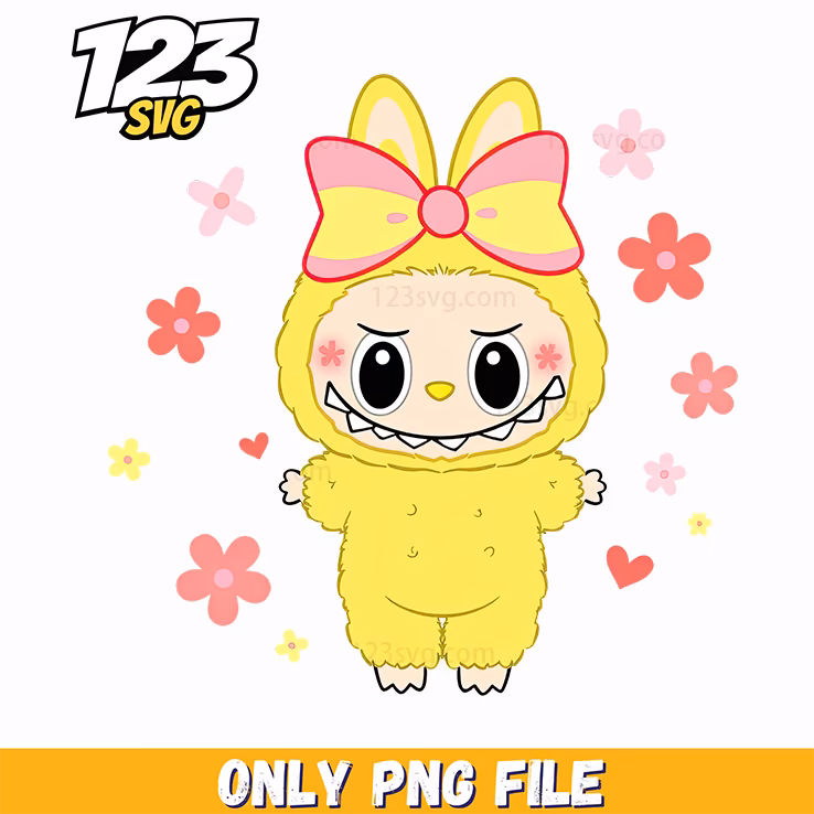 kawaii yellow labubu bow png, cute cartoon labubu bow, labubu bow png