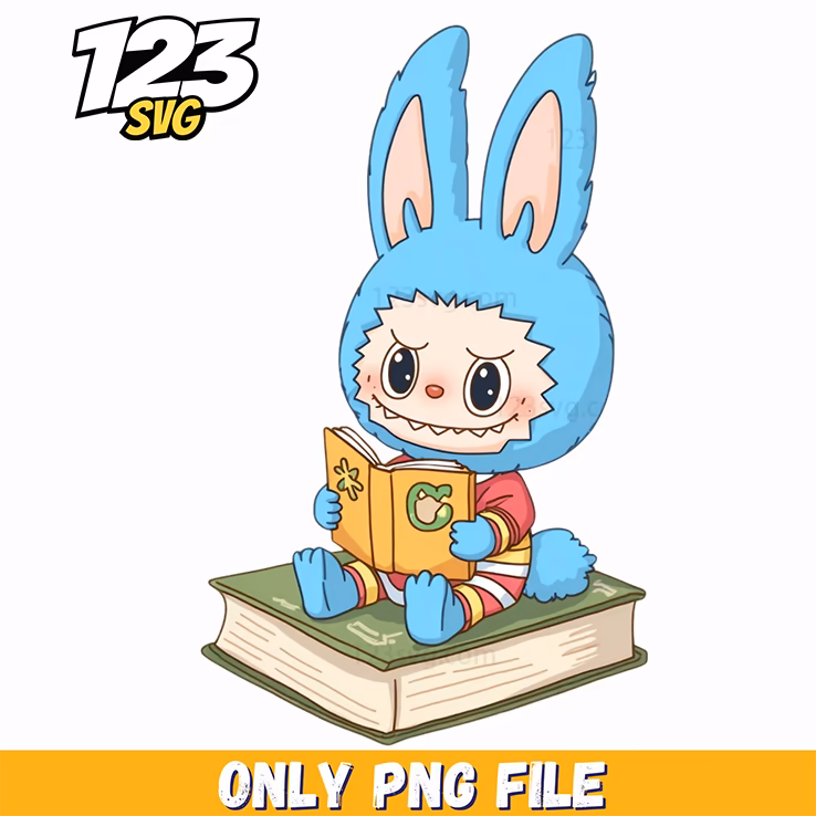 blue reading bunny labubu png, reading labubu, labubu bunny