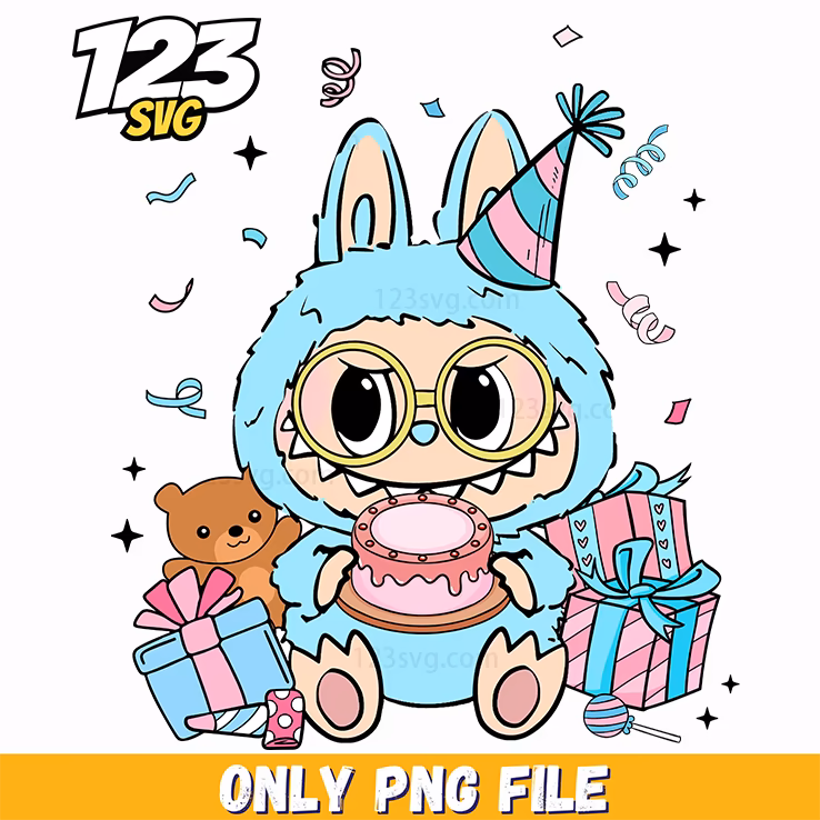 blue birthday bunny labubu png, blue birthday bunny png, blue bunny birthday labubu