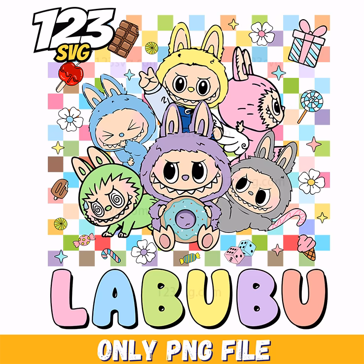 checkerboard labubu collage png, labubu collage, labubu artwork