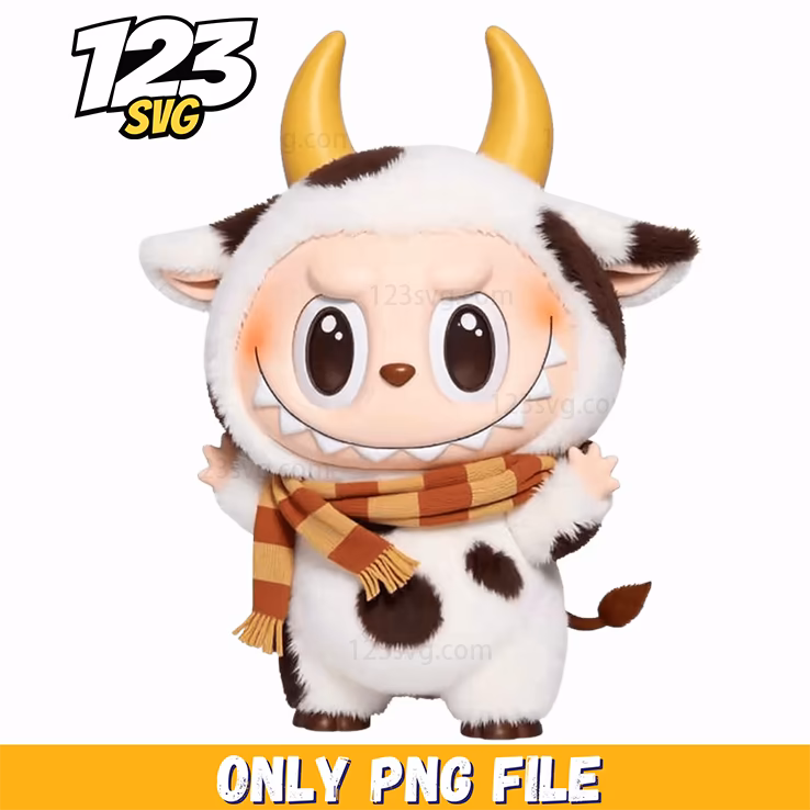 cow costume labubu funny png, cow costume funny labubu, cartoon labubu funny costume