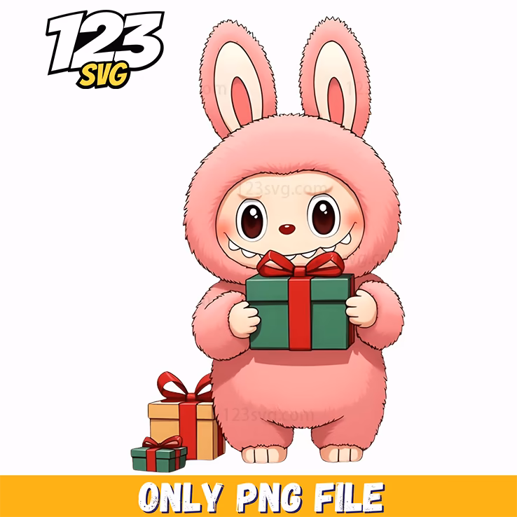 labubu christmas gift bunny png, cute bunny png christmas gift, bunny christmas gift clipart