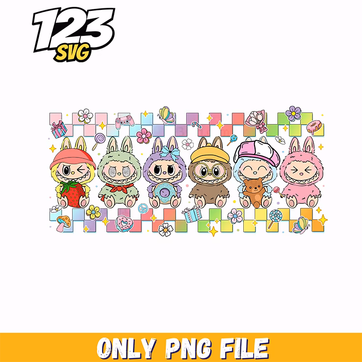 pastel checkerboard labubu border png, labubu border png, pastel labubu checkerboard border