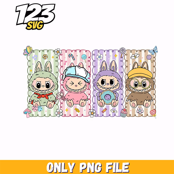 pastel striped labubu collage png, pastel labubu png, labubu pastel collage
