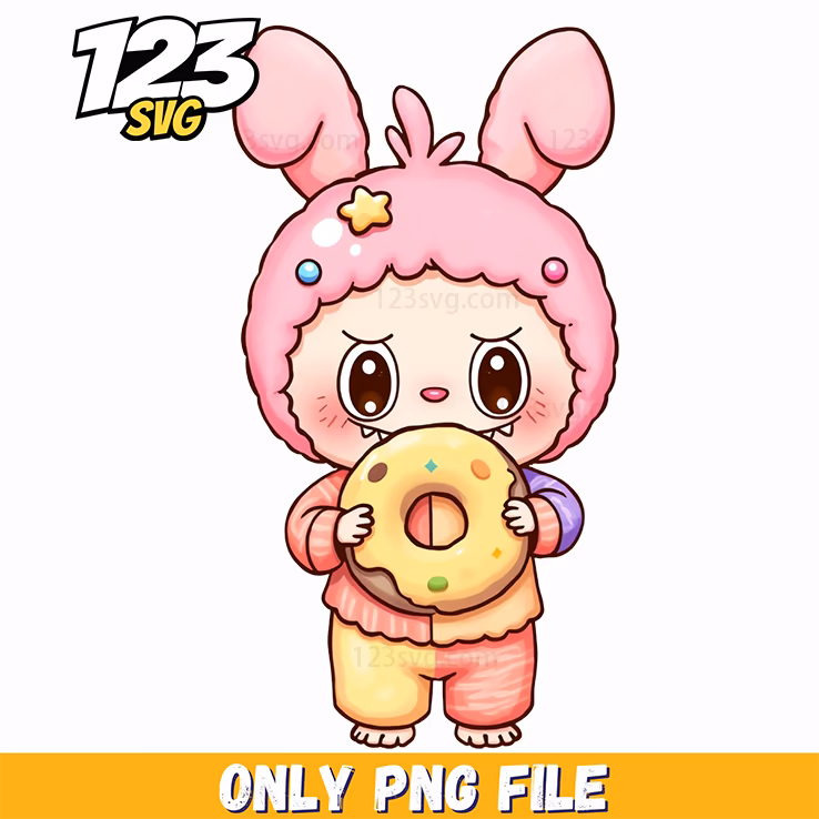 pink bunny donut labubu png, labubu bunny donut, labubu donut png