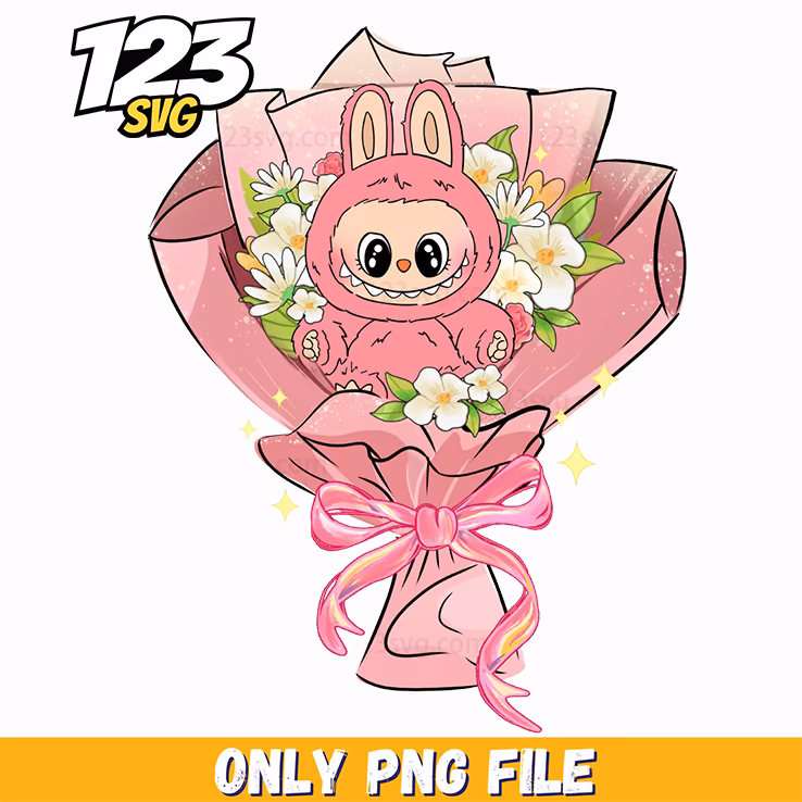 pink flower bouquet labubu png, labubu flower png, labubu flower bouquet