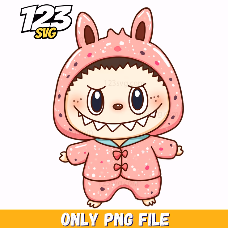 pink polka dot bunny labubu png, cute pink bunny png, pink bunny with polka dots