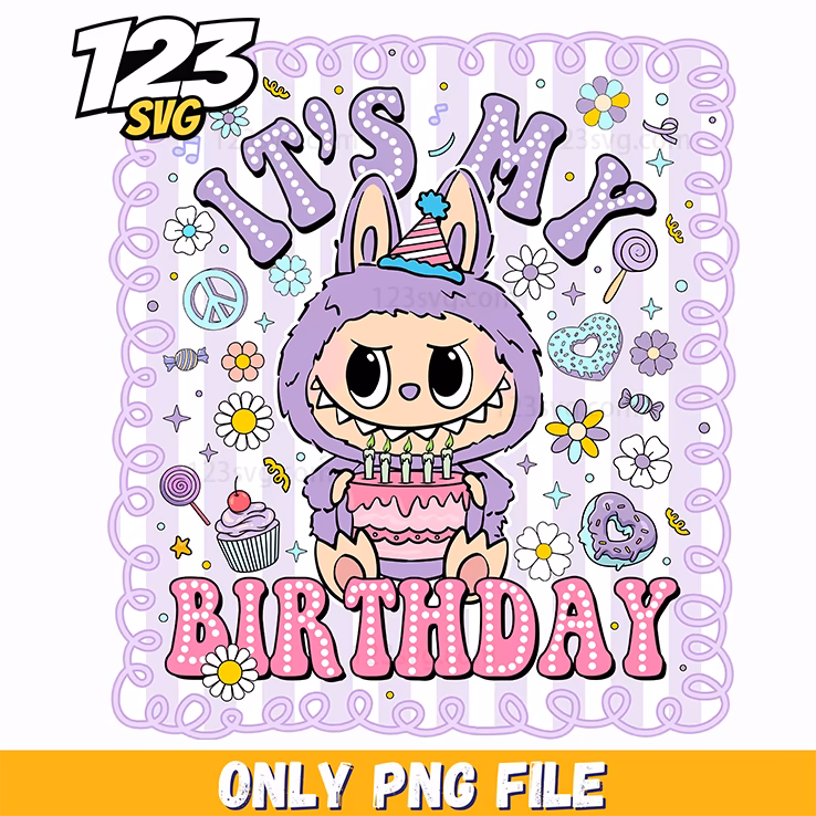 purple birthday cake labubu png, labubu birthday cake, birthday cake labubu design