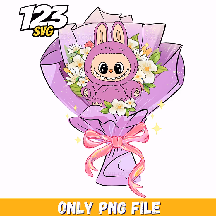 purple flower bouquet labubu png, purple flowers bouquet, labubu flower bouquet